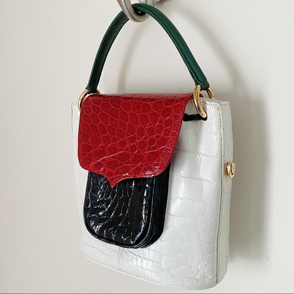 Lana Marks London Tri-Color Mini Alligator Top Handle Crossbody Bucket Bag Italy - Picture 3 of 10
